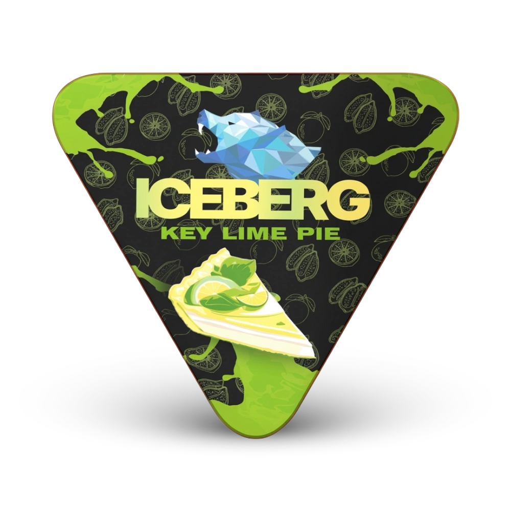 Iceberg Key Lime Pie Nicotine Pouches mit Limetten-Geschmack, grüne Dreiecks-Dose mit Eismotiv und Kuchengrafik