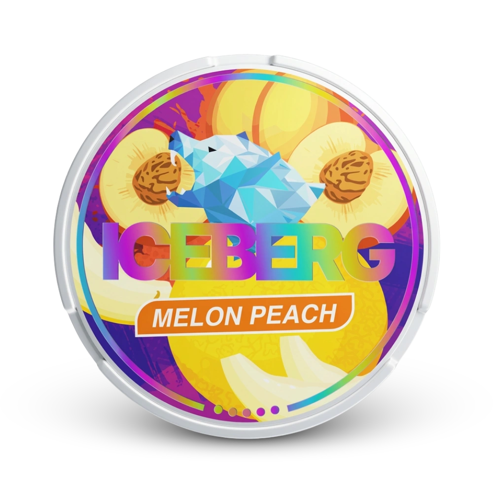 Iceberg Melon Peach Nicotine Pouches Dose mit farbenfrohem Design und Melone-Pfirsich-Geschmack