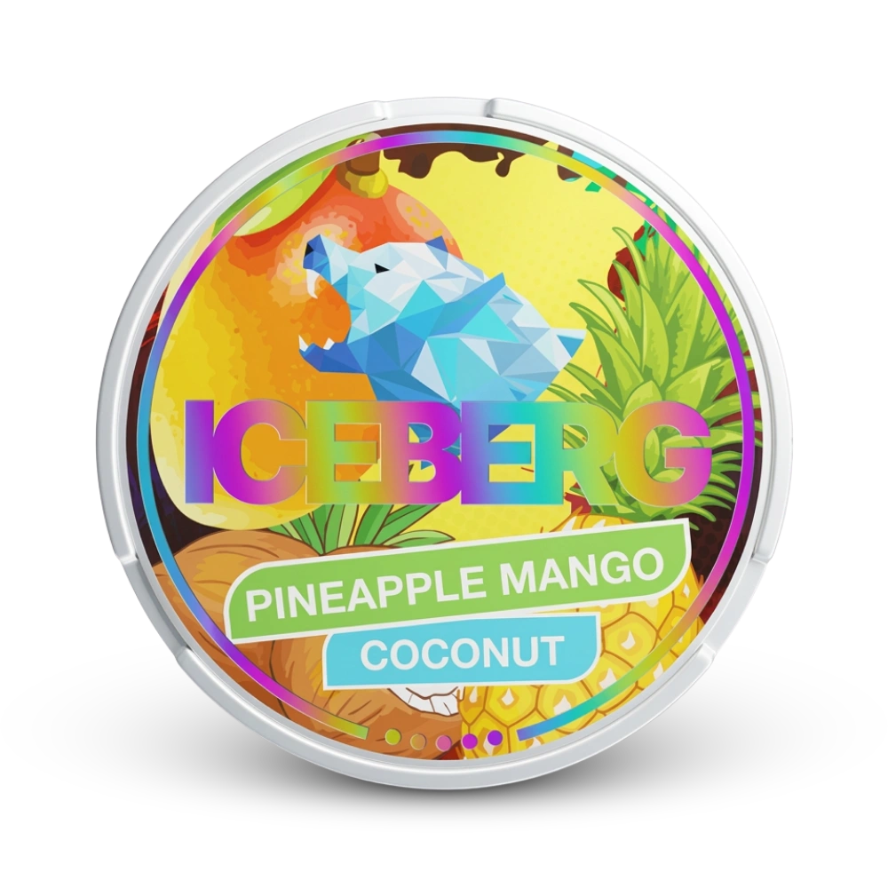 Iceberg Pineapple Mango Coconut Nicotine Pouches Dose mit tropischem Design und Eisbär-Motiv