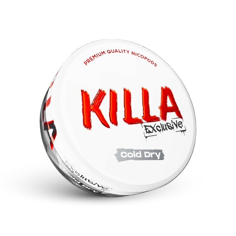 Killa Exclusive Cold Dry Nicotine Pouches, Premium Qualität, weiße Dose mit rotem Logo