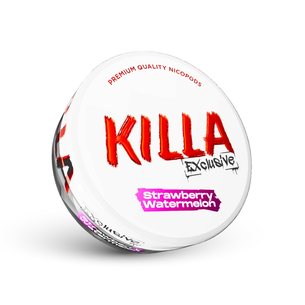 Killa Exclusive Nicotine Pouches Strawberry Watermelon weiße Dose mit roten und pinken Elementen