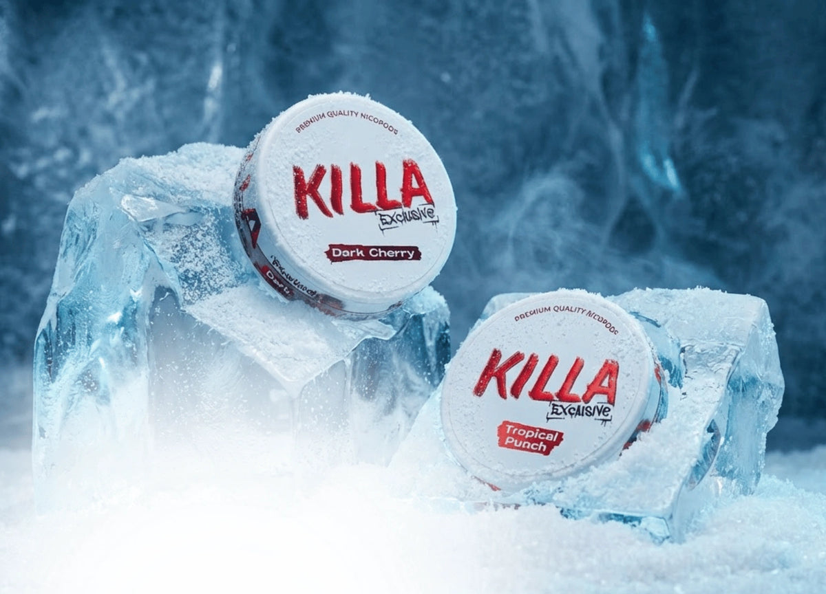 Killa Exclusive Nicotine Pouches in Dark Cherry und Tropical Punch auf Eis, Premium Quality