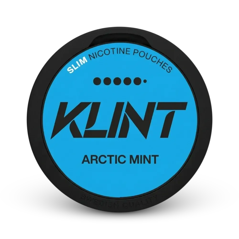 KLINT Arctic Mint Slim Nicotine Pouches X-Strong, blaue Dose mit schwarzem Rand, schwedische Qualität