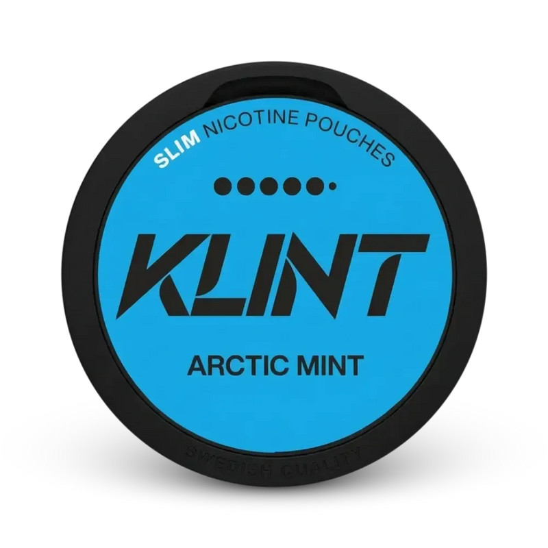 KLINT Arctic Mint Slim Nicotine Pouches X-Strong, blaue Dose mit schwarzem Rand, schwedische Qualität