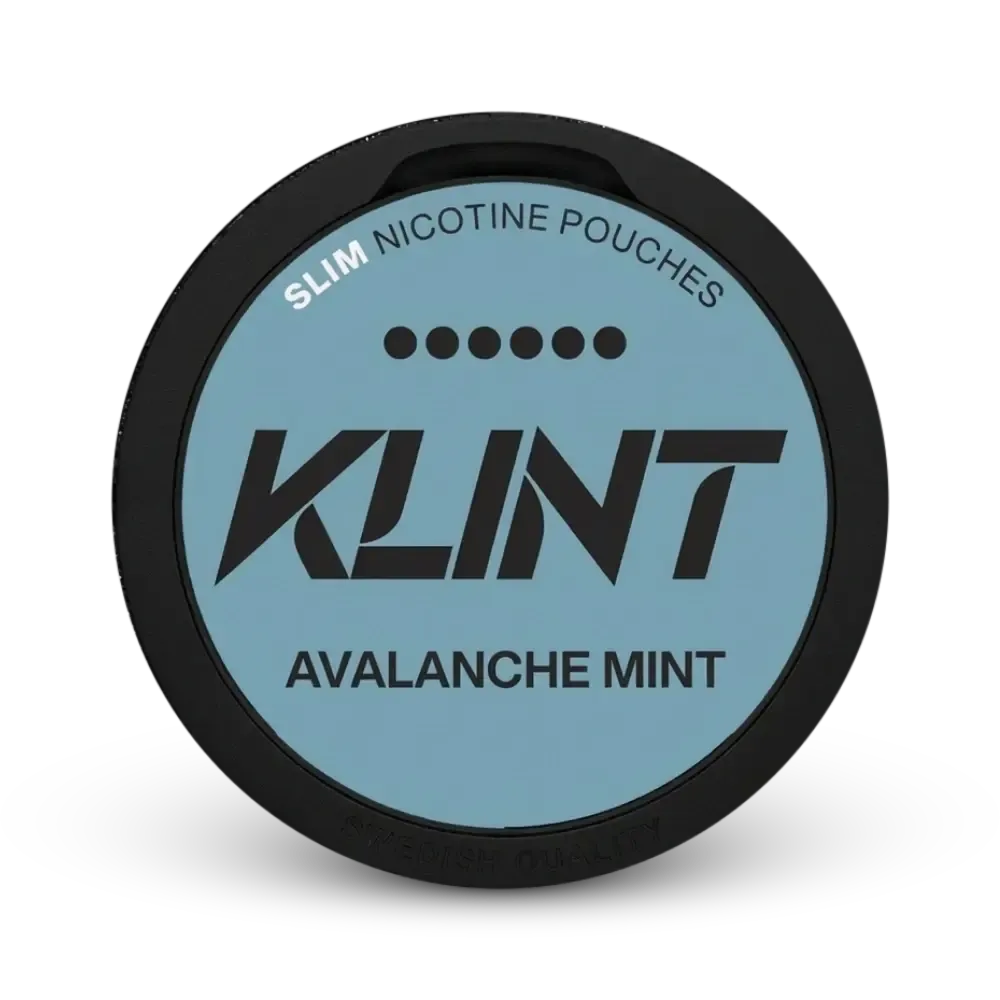 KLINT Avalanche Mint Slim Nicotine Pouches, Dose mit hellblauem Label und schwarzem Rand