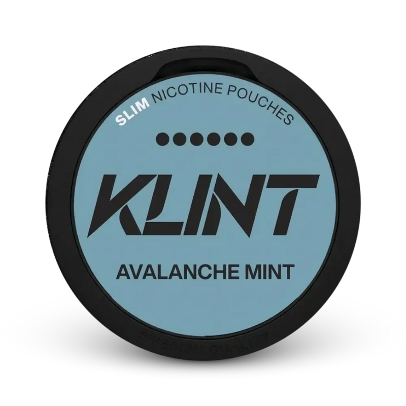 KLINT Avalanche Mint Slim Nicotine Pouches, Dose mit hellblauem Label und schwarzem Rand