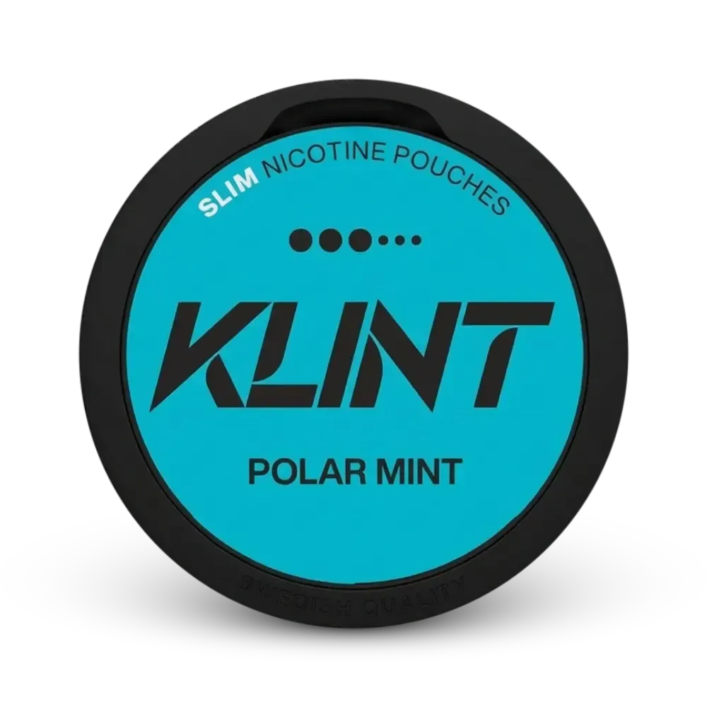 Klint Polar Mint Slim Nicotine Pouches Dose mit türkisem Label und schwarzem Rand, Geschmack Polar Mint
