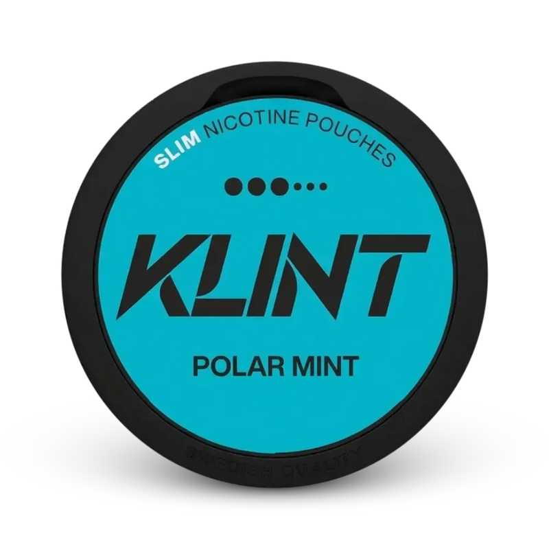 Klint Polar Mint Slim Nicotine Pouches Dose mit türkisem Label und schwarzem Rand, Geschmack Polar Mint