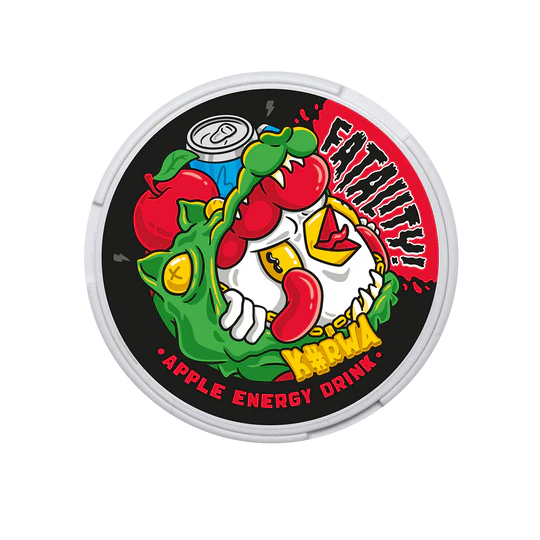 Kurwa Fatality Nicotine Pouches Apple Energy Drink Ultra Strong Dose mit grünem Skull-Design