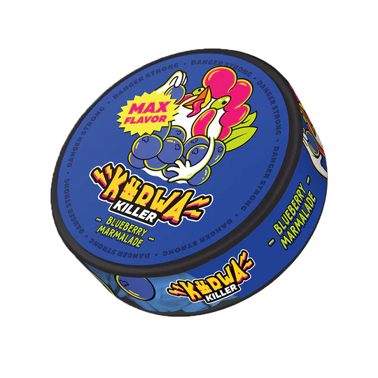Kurwa Killer Blueberry Marmalade Nicotine Pouches Dose mit Blaubeere-Aroma und Max Flavor Kennzeichnung
