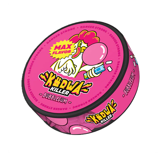 Kurwa Killer Bubblegum Nicotine Pouches, Extra Strong, rosa Dose mit Comic-Design und Kaugummi-Aroma
