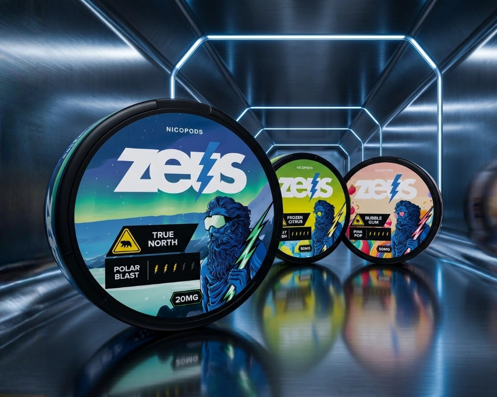 Zeus Nicotine Pouches 20mg in den Sorten True North Polar Blast, Frozen Citrus und Bubble Gum Pink Pop