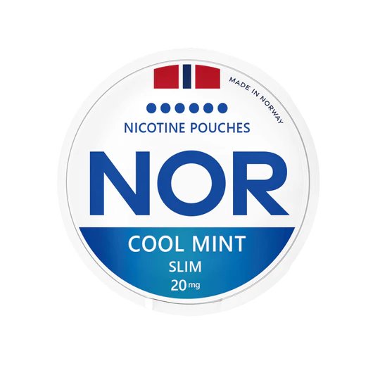 NOR Cool Mint Slim Nicotine Pouches 20mg, Made in Norway, Dose mit blau-weißem Design