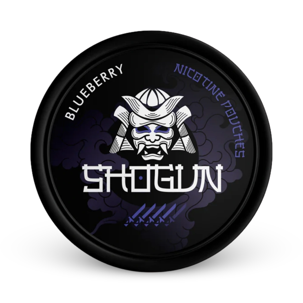 Shogun Blueberry Nicotine Pouches Dose mit Samurai-Logo, Blaubeere-Geschmack, schwarze Verpackung