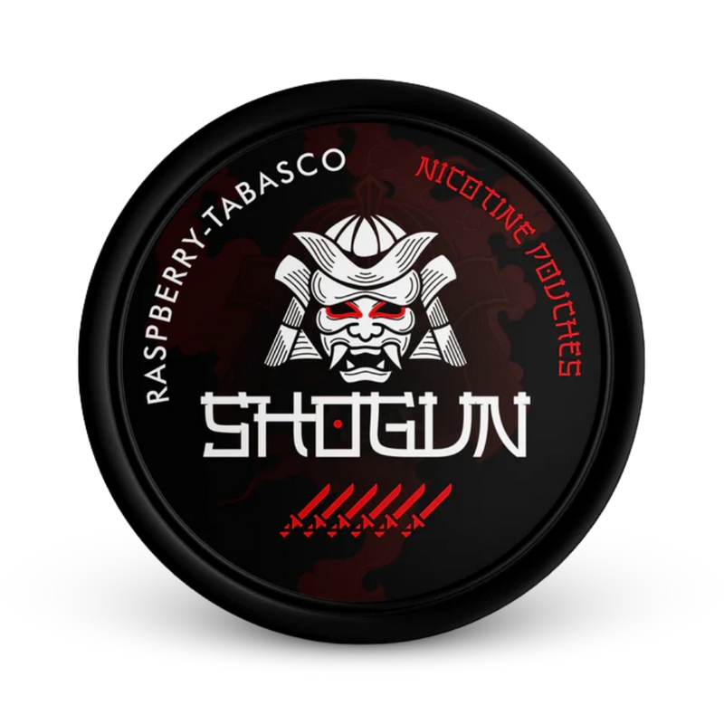 Shogun Raspberry Tabasco Nicotine Pouches, Himbeere-Tabasco Geschmack, schwarze Dose mit Samurai-Logo