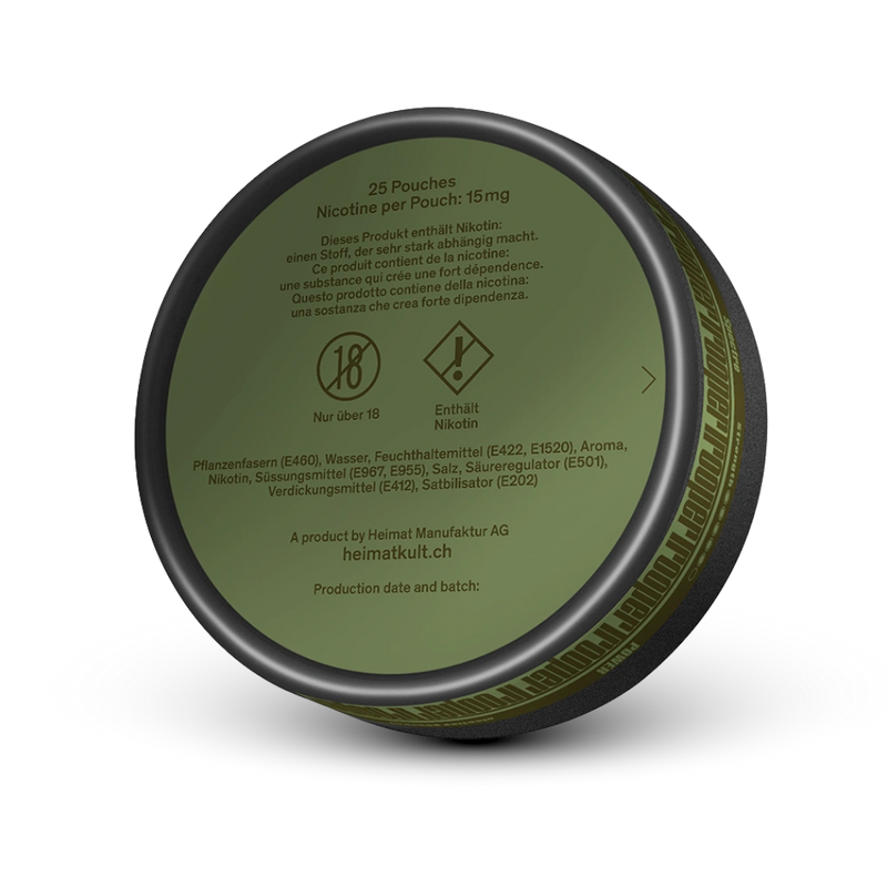 Heimat Trooper Nicotine Pouches 15mg, 25er Dose, Rückseite mit Inhaltsstoffen und Warnhinweis