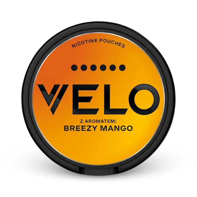 VELO Breezy Mango Nicotine Pouches 20mg Dose mit schwarzem Rand und orangegelbem Design