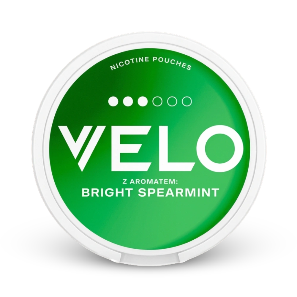 Velo Bright Spearmint Nicotine Pouches, Stärkeklasse 3 von 6, grüne Dose mit weißem Rand