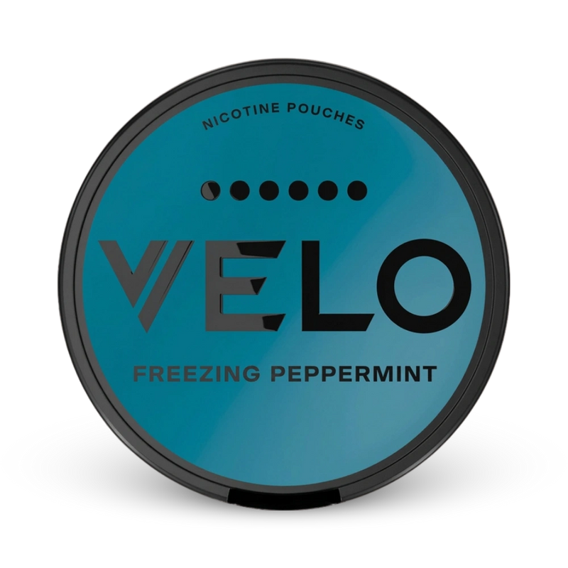 Velo Freezing Peppermint Nicotine Pouches in türkiser Dose mit schwarzem Rand
