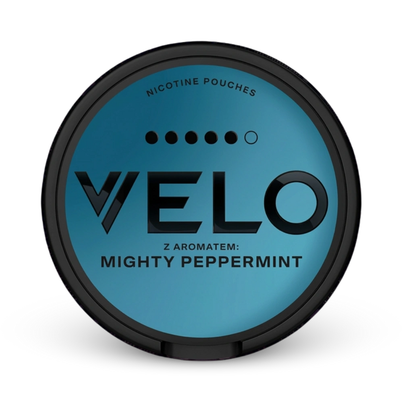 Velo Nicotine Pouches Mighty Peppermint mit Stärkeanzeige auf türkisfarbener Dose