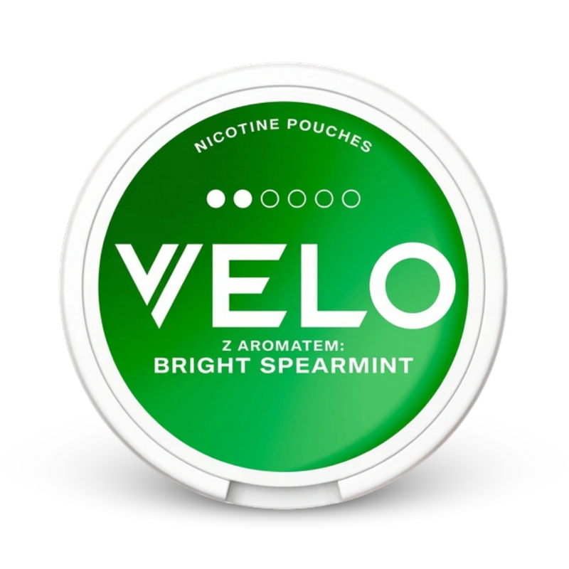 Velo Nicotine Pouches Bright Spearmint, starke Stärke, grüne Dose mit weißem Rand, Minz-Aroma