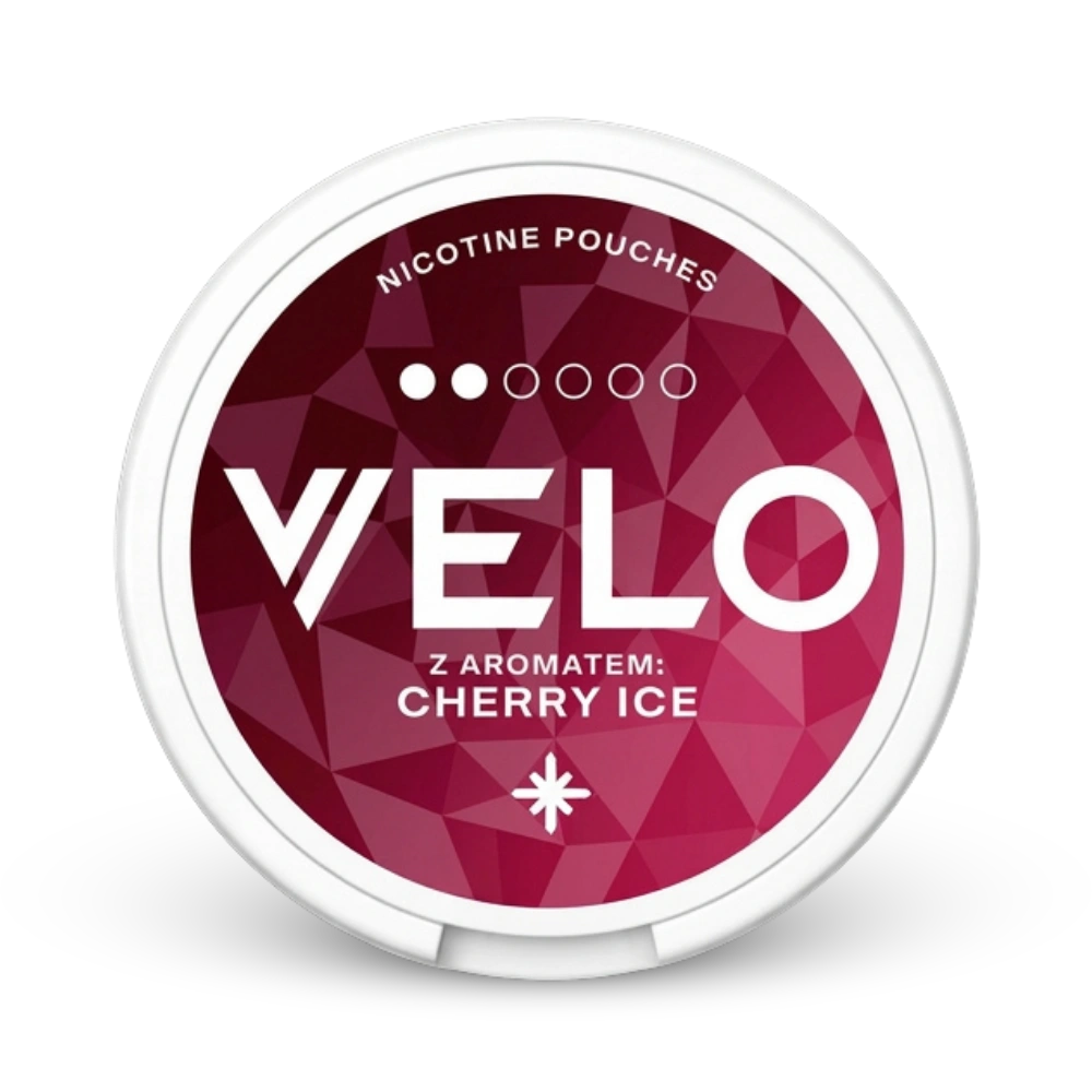 Velo Nicotine Pouches Mini Cherry Ice, 14mg, Kirsch-Eis-Aroma in weißer Dose mit bordeauxrotem Design