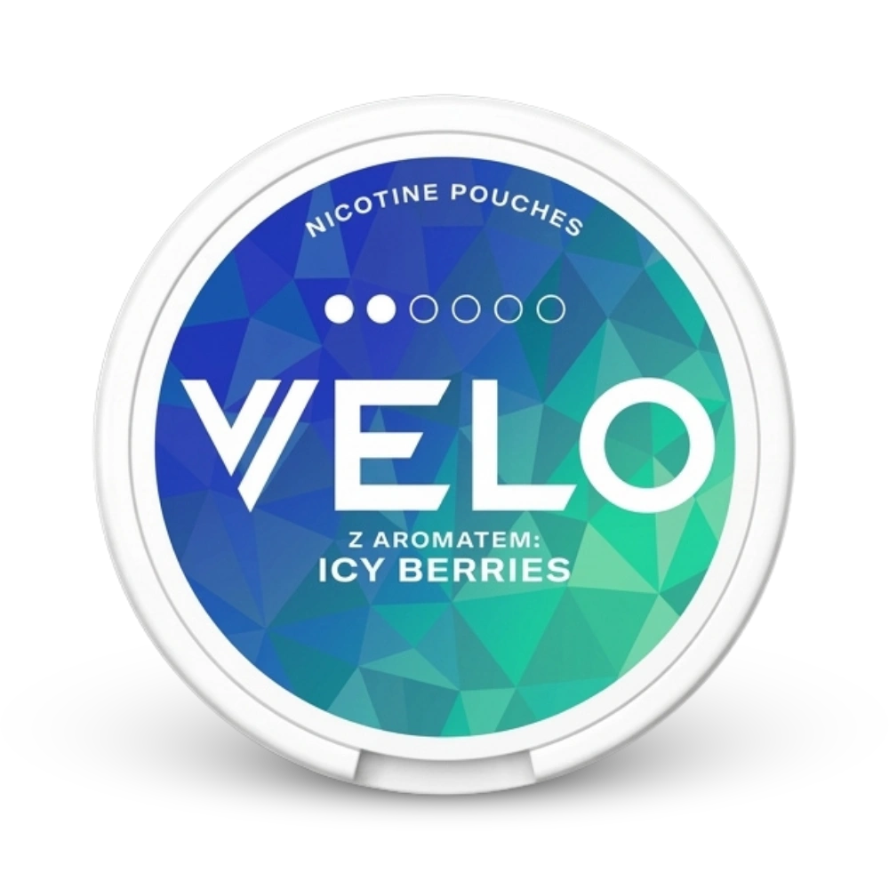 Velo Icy Berries Nicotine Pouches Mini Format, 15mg Nikotingehalt in weißer Dose mit blaugrünem Design