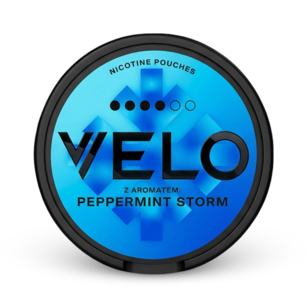 VELO Peppermint Storm Nicotine Pouches Dose mit Stärkeanzeige und blauem Design