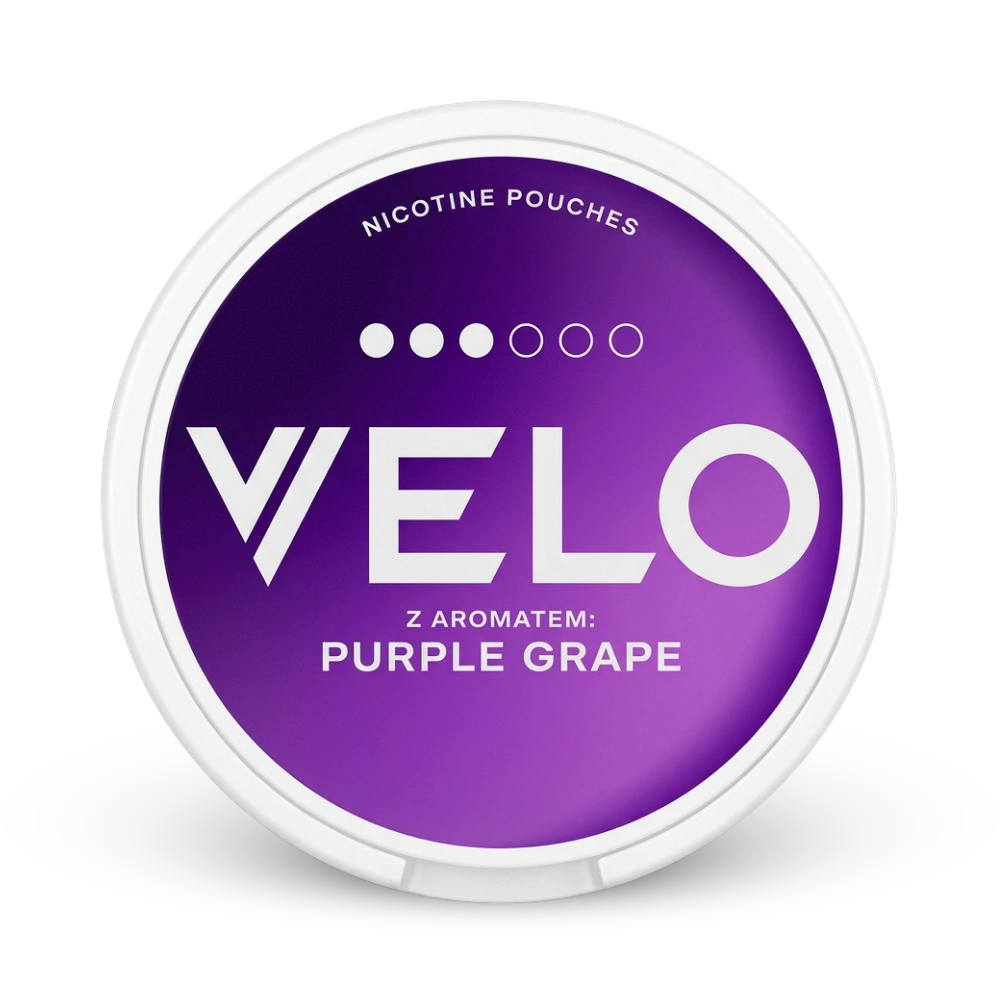 VELO Nicotine Pouches Purple Grape in weißer Dose mit violettem Design, Stärkeanzeige 3 von 6 Punkten