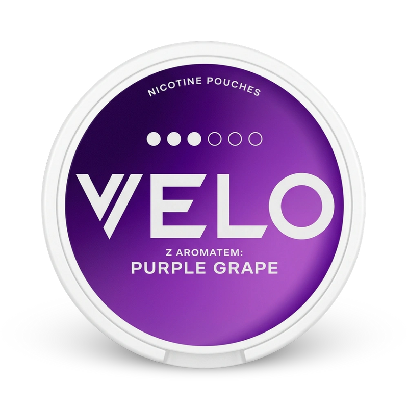 Velo Purple Grape Nicotine Pouches in weißer Dose mit violettem Label, Stärkeanzeige und Geschmacksbezeichnung
