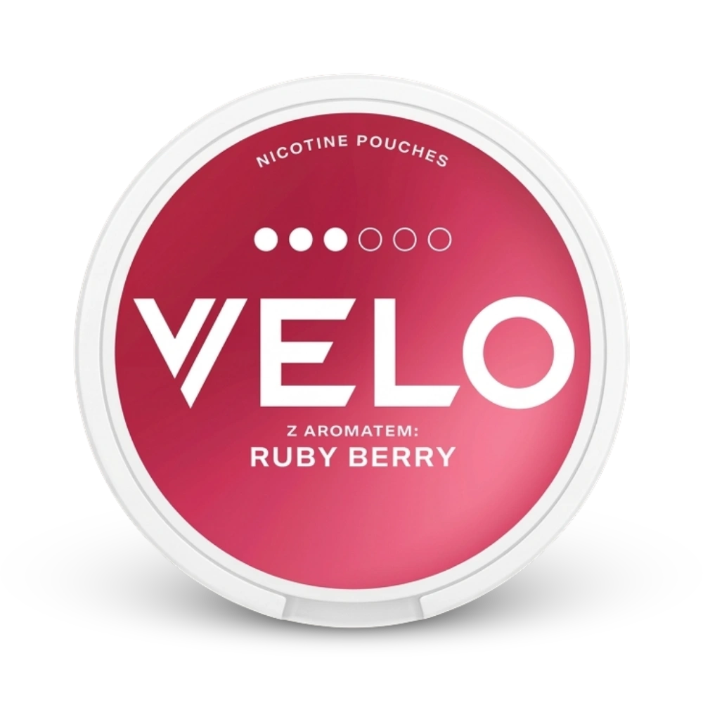 Velo Ruby Berry Nicotine Pouches, 3 von 6 Stärkestufen, Beerenaroma in weißer Dose