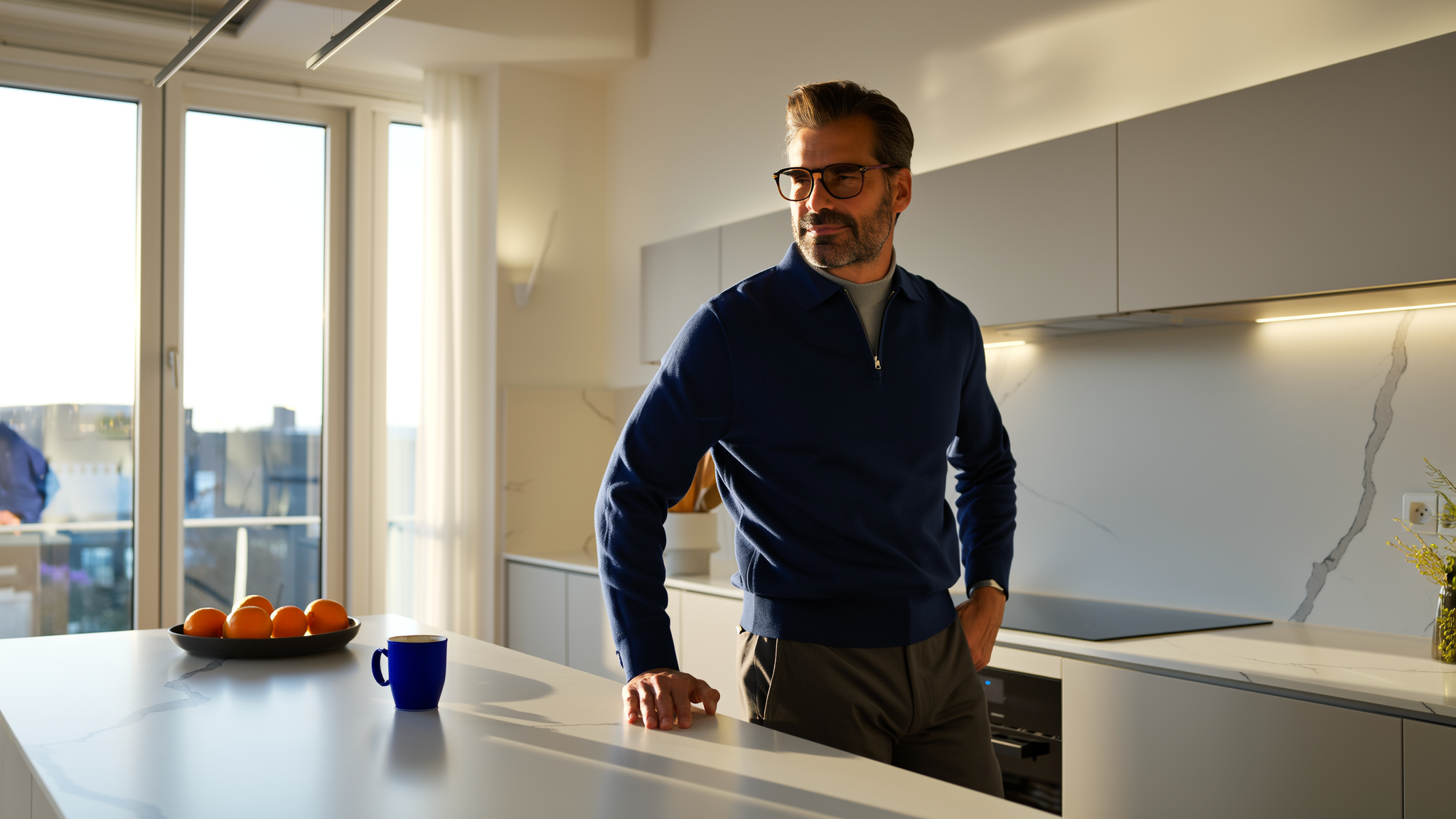 Hombre de pie en una cocina moderna y luminosa mirando por la ventana