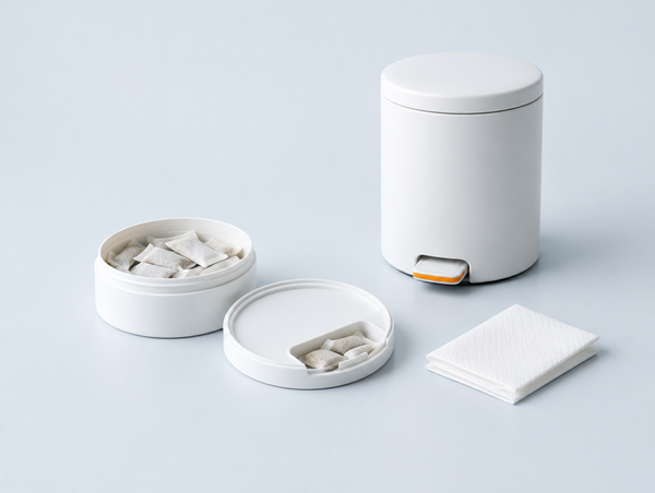 Open snus can with used pouches in the lid compartment next to a small household waste bin