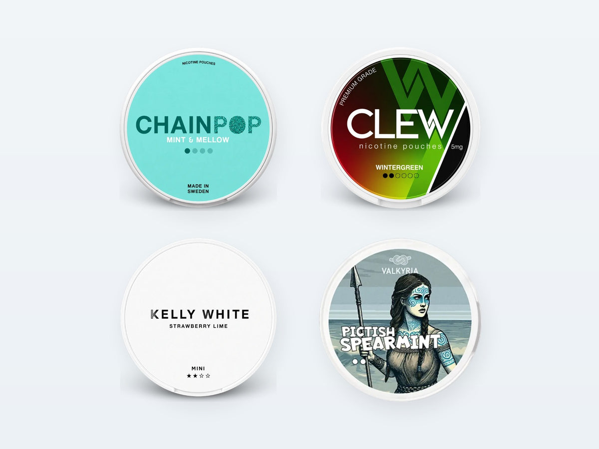 Nicotine pouches: Chainpop, CLEW, Kelly White, Valkyria