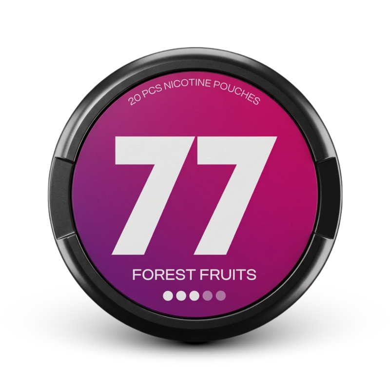 77 Forest Fruits Nicotine Pouches Medium, 20 Beutel, 16mg Stärke in schwarzer Dose mit magenta Etikett