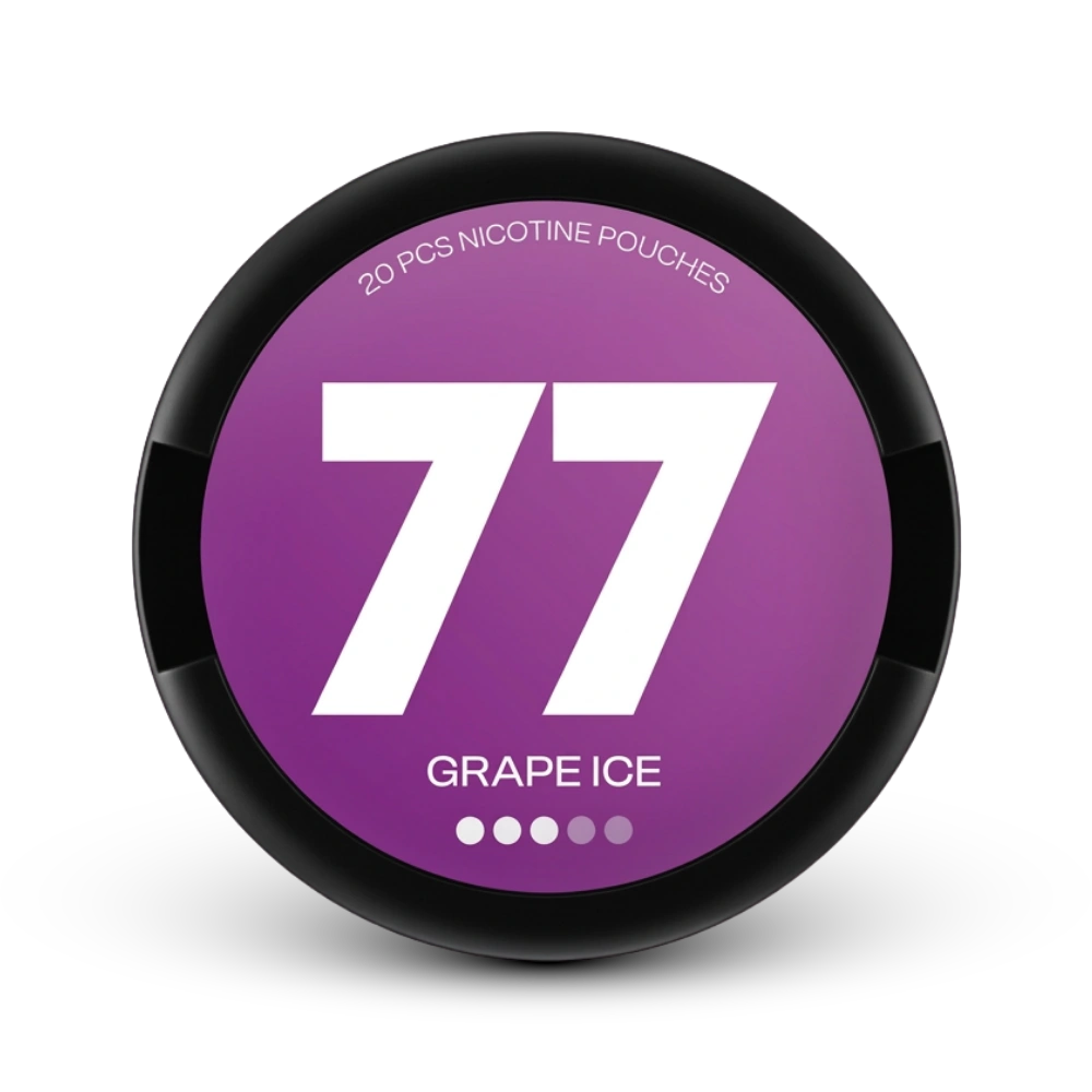 77 Nicotine Pouches Medium Grape Ice 20 Stück Dose mit lila und schwarzem Design