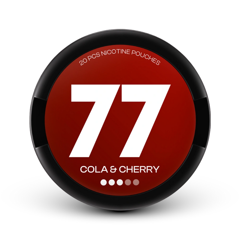 77 Nicotine Pouches Medium Cola & Cherry, 20 Stück, Dose mit rotem Design und schwarzem Rand