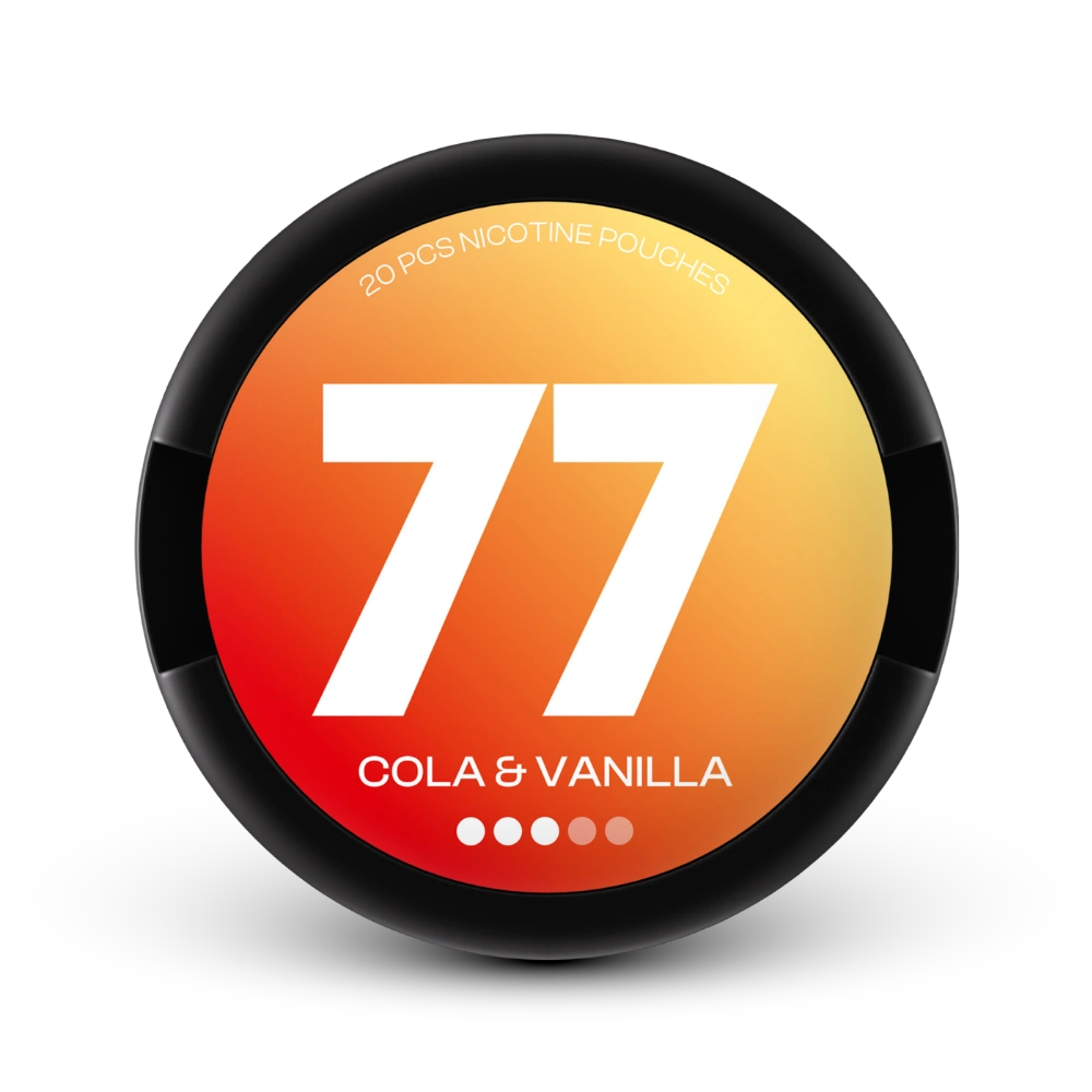 77 Nicotine Pouches Cola Vanilla, 20 Beutel, mittlere Stärke, orange-gelbe Dose mit schwarzem Rand