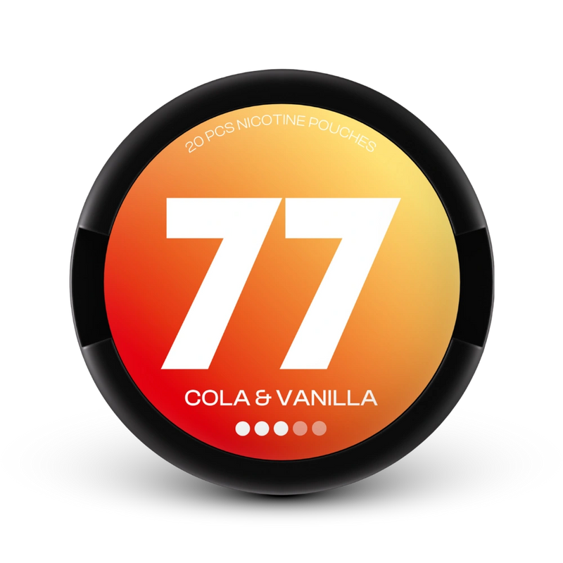 77 Nicotine Pouches Cola Vanilla, 20 Beutel, mittlere Stärke, orange-gelbe Dose mit schwarzem Rand