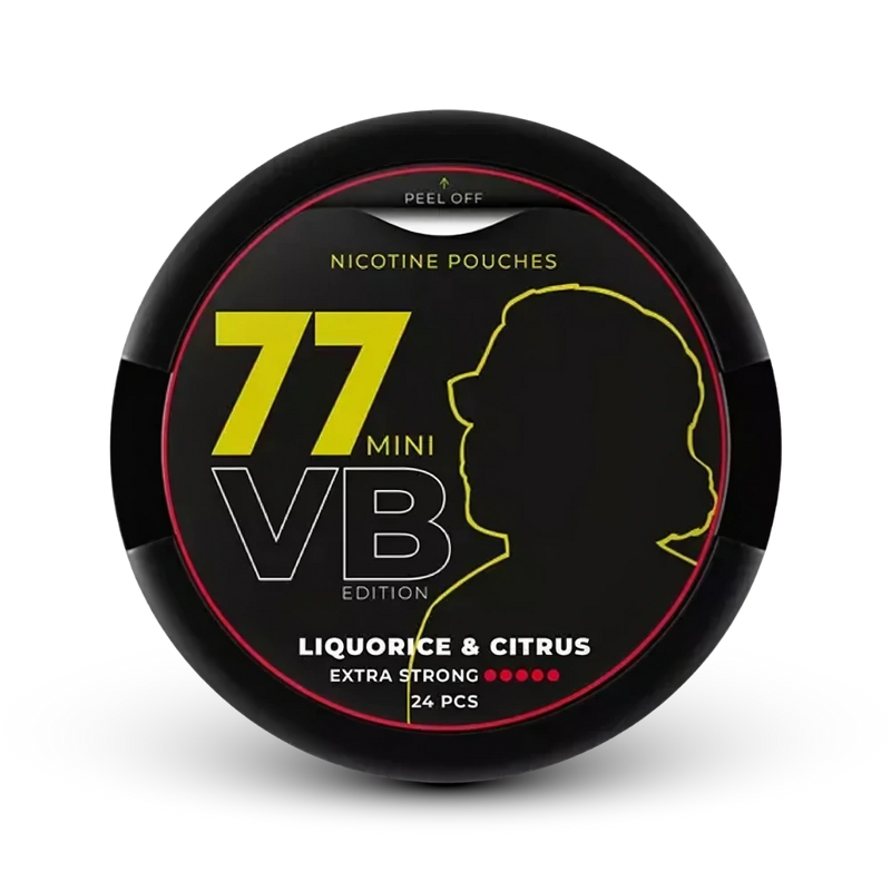 77 VB Liquorice Citrus Mini Nicotine Pouches, Extra Strong, 24 Stück, schwarze Dose