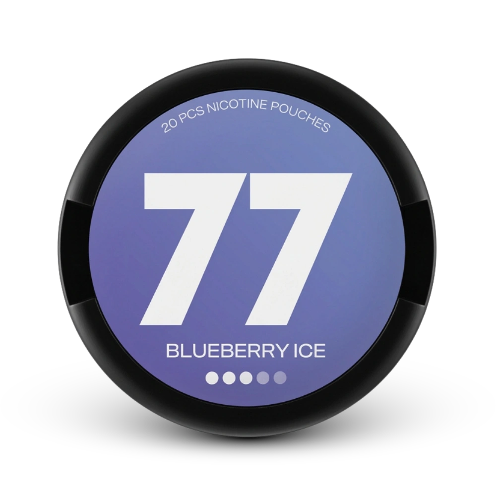 77 Nicotine Pouches Blueberry Ice, 20 Stück, starke Stärke, schwarze Dose mit blauem Label