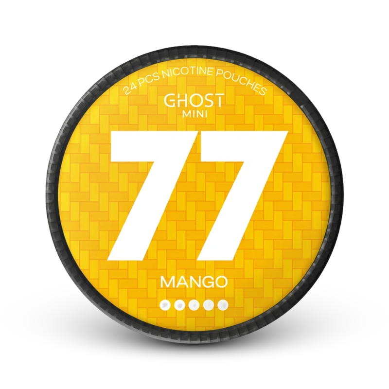 Ghost 77 Mini Mango Nicotine Pouches in gelber Dose mit 24 Beuteln, Extra Stark, Mini Format