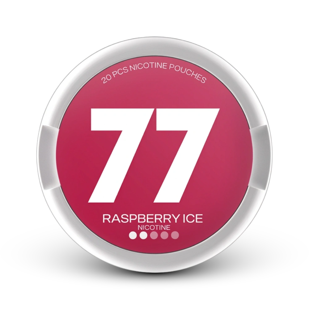 77 Raspberry Ice Nicotine Pouches, 20 Stück, rosafarbene Dose mit weißem Rand auf grauem Hintergrund