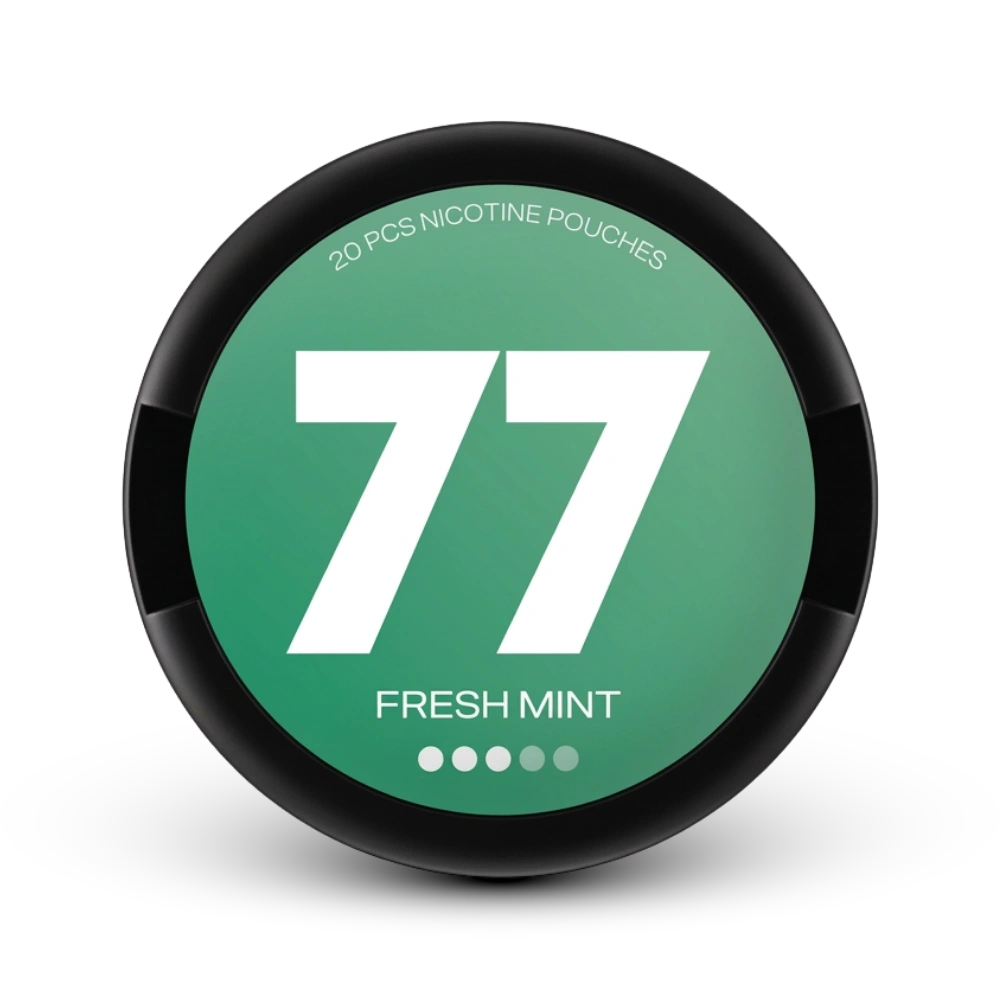 77 Fresh Mint Nicotine Pouches, 20 Stück, grüne Dose mit schwarzem Ring, mittlere Stärke
