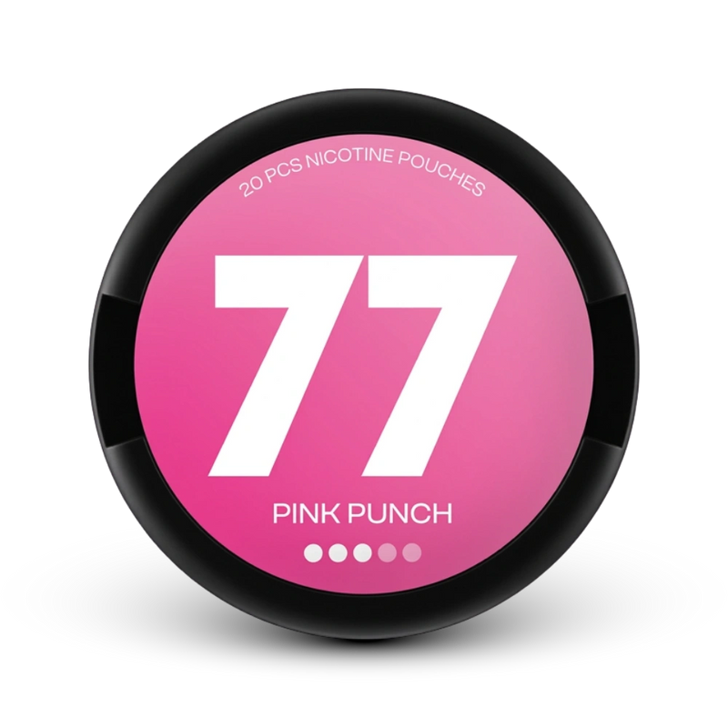 77 Nicotine Pouches Pink Punch, 20 Stück, mittlere Stärke, rosa-schwarze Dose