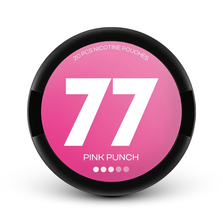 77 Nicotine Pouches Pink Punch, 20 Stück, mittlere Stärke, rosa-schwarze Dose