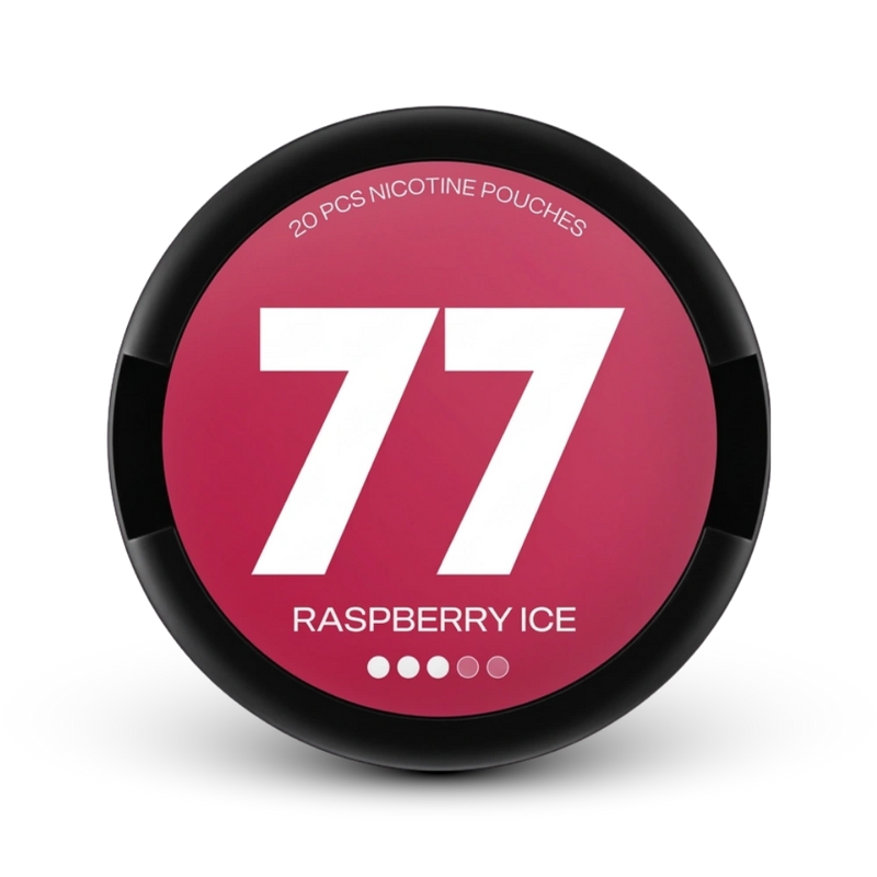 77 Nicotine Pouches Medium Raspberry Ice, 20 Stück, rosa-schwarze Dose mit Stärkeanzeige