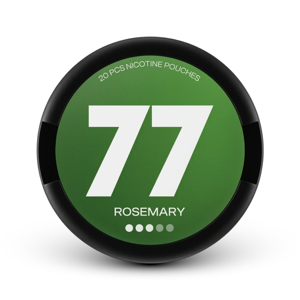 77 Rosemary Nicotine Pouches Medium, 20 Stück, grüne Dose mit schwarzem Rand
