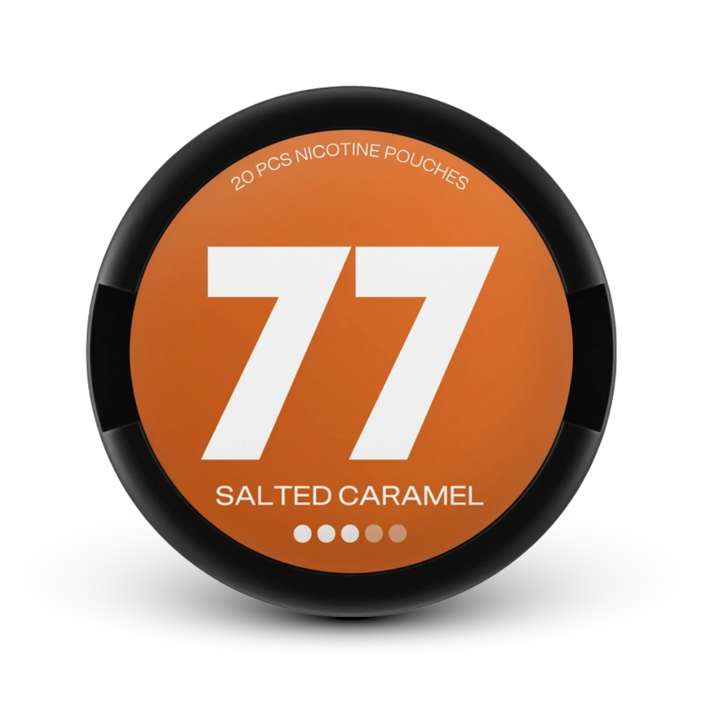 77 Nicotine Pouches Medium Salted Caramel 16mg, 20 Stück Dose mit schwarzem Rand