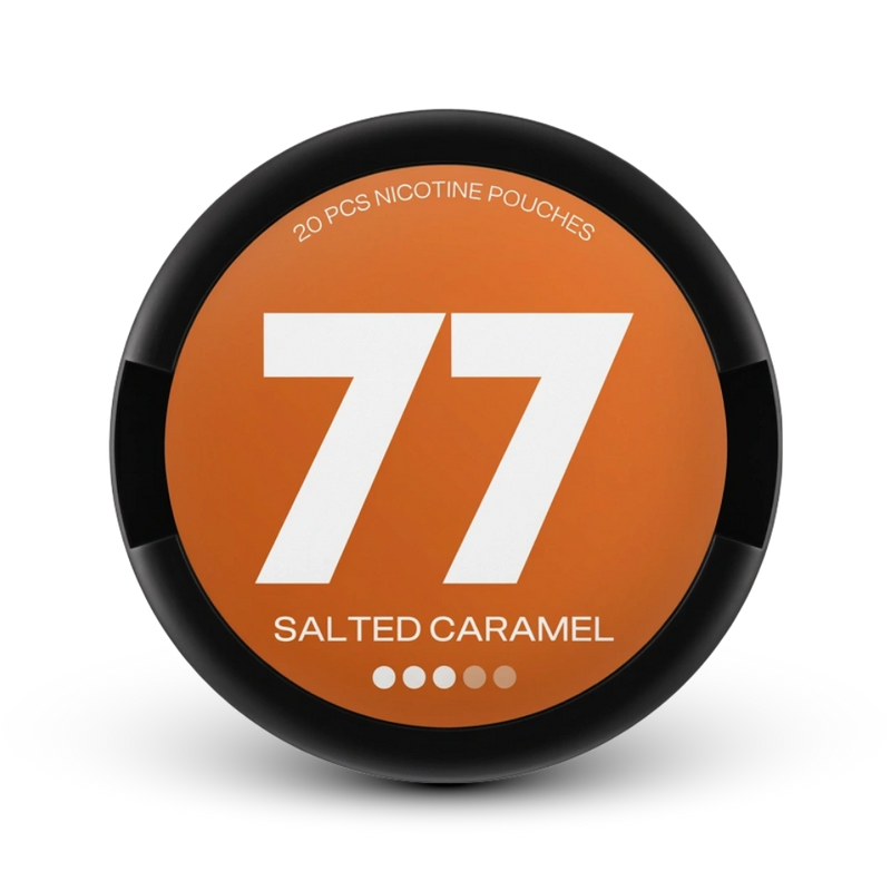 77 Nicotine Pouches Medium Salted Caramel 16mg, 20 Stück Dose mit schwarzem Rand